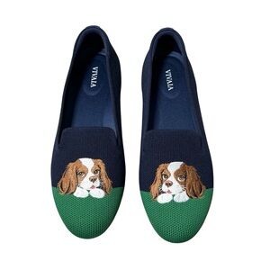 VIVAIA Round Toe Embroidered Audrey Loafers Blue Cavalier Spaniel Dog 7/ 37.5